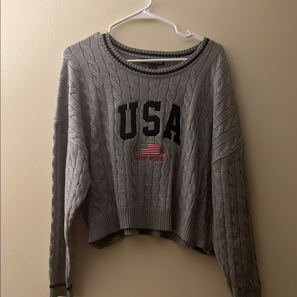 Charlotte Russe Gray Cable Knit USA Cropped Sweater